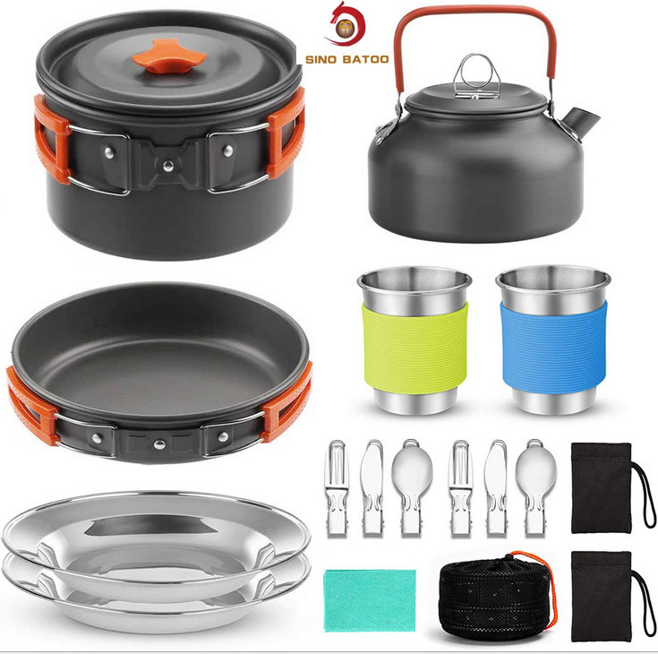 Non Stick Outdoor Cookware Set With Pot Pan Kettle Stainless Steel Cups